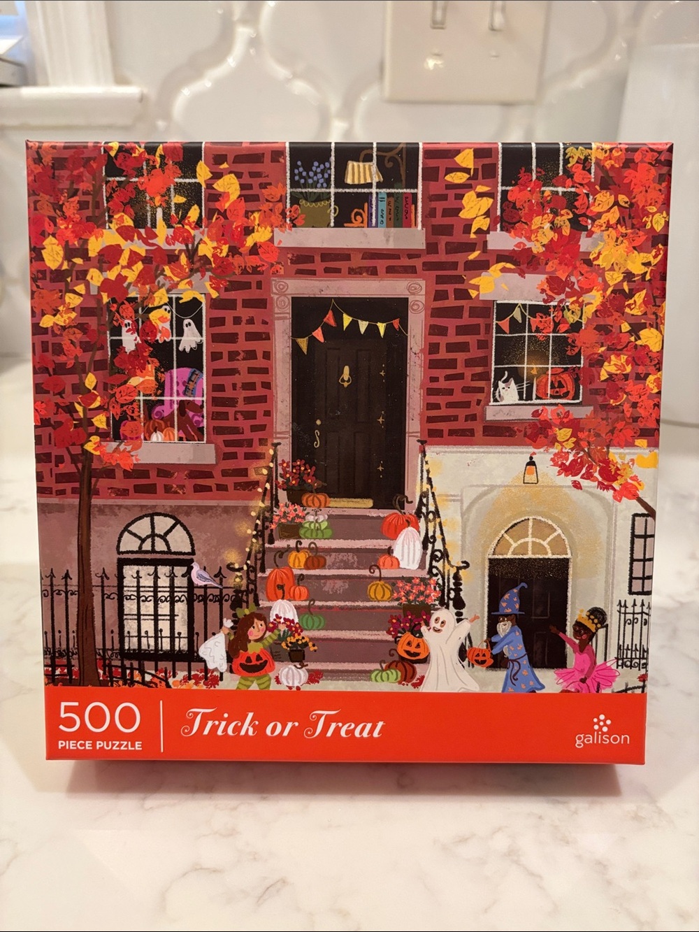 Galison Trick or Treat 500-Piece Puzzle — Orange Autumn Halloween Scene